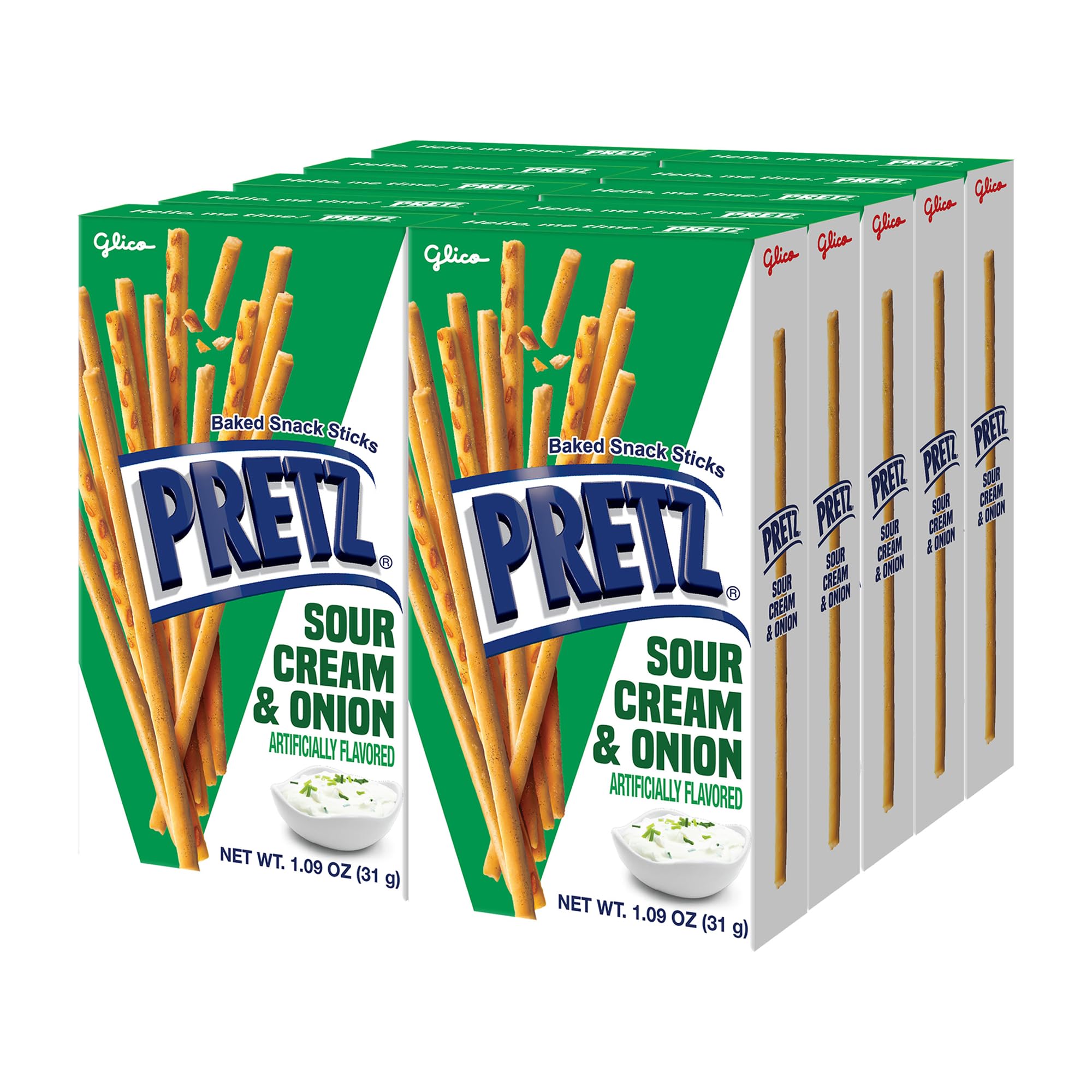 Glico Pretz front packaging highlighting sour cream and onion flavor for easy identification