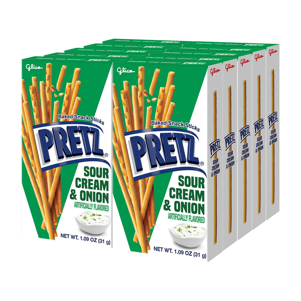 Glico Pretz front packaging highlighting sour cream and onion flavor for easy identification