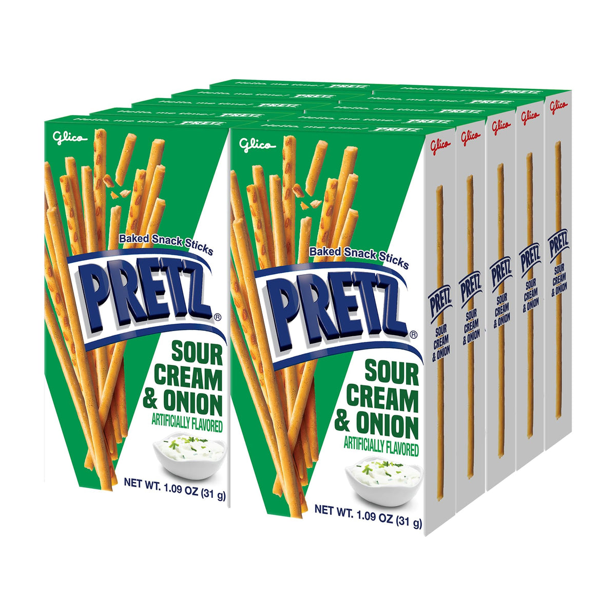Glico Pretz front packaging highlighting sour cream and onion flavor for easy identification