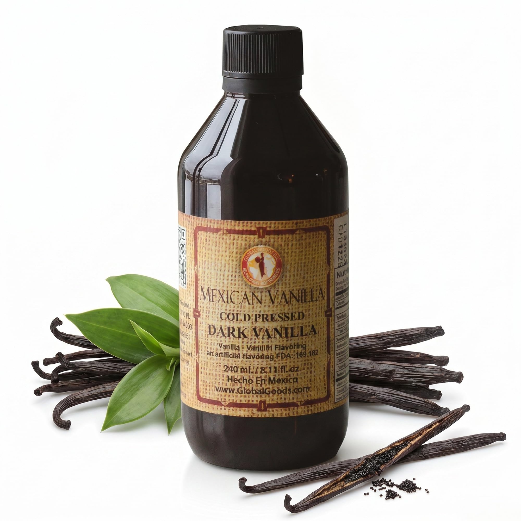 Global Goods front bottle view showing bold dark vanilla extract benefit of clear labeling