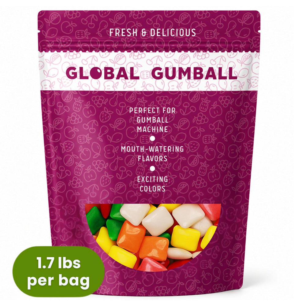 Global Gumball vending machine globe filled with Chiclets showing smooth dispensing benefit