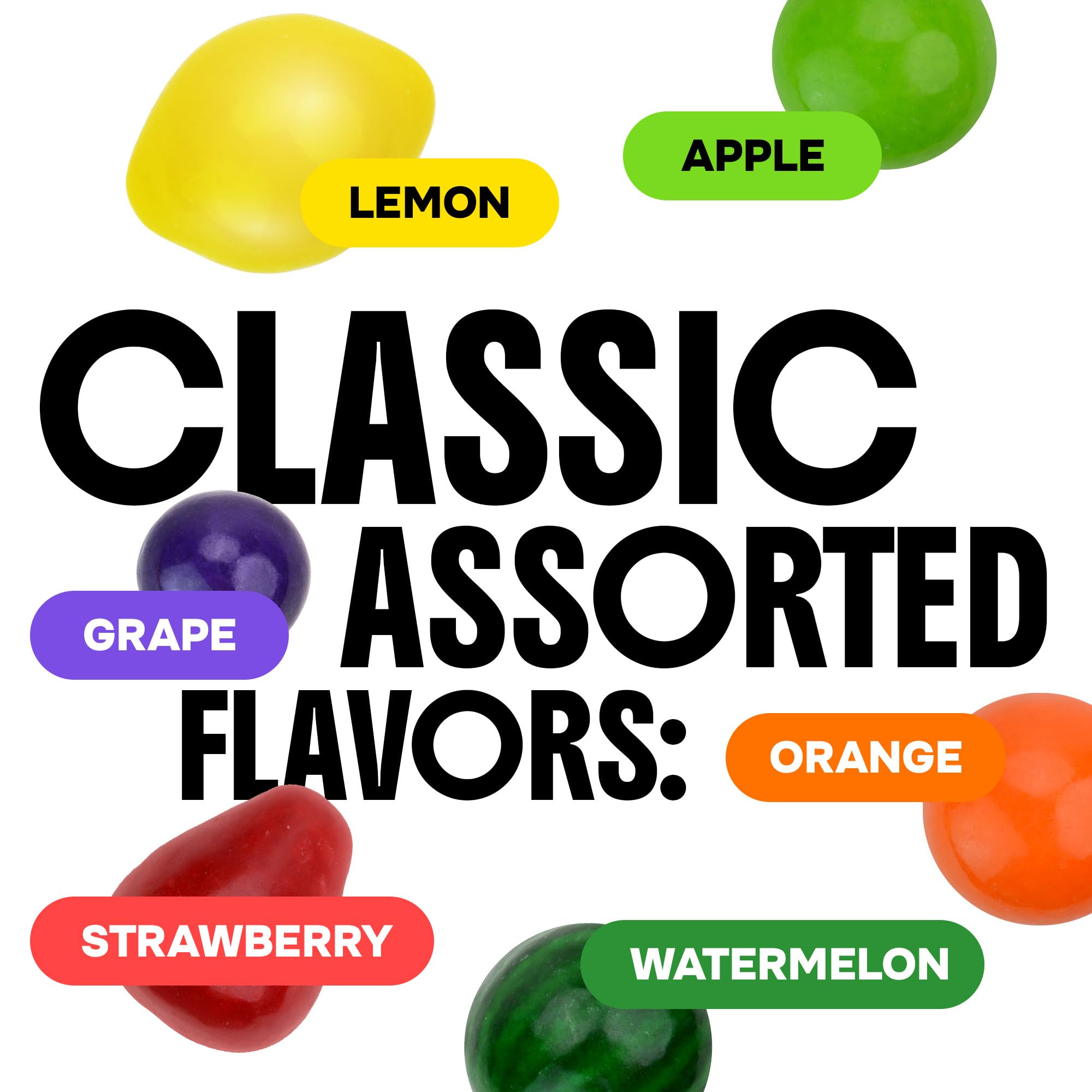 Global Gumball overhead shot of all six flavors showing lemon strawberry orange grape watermelon apple variety