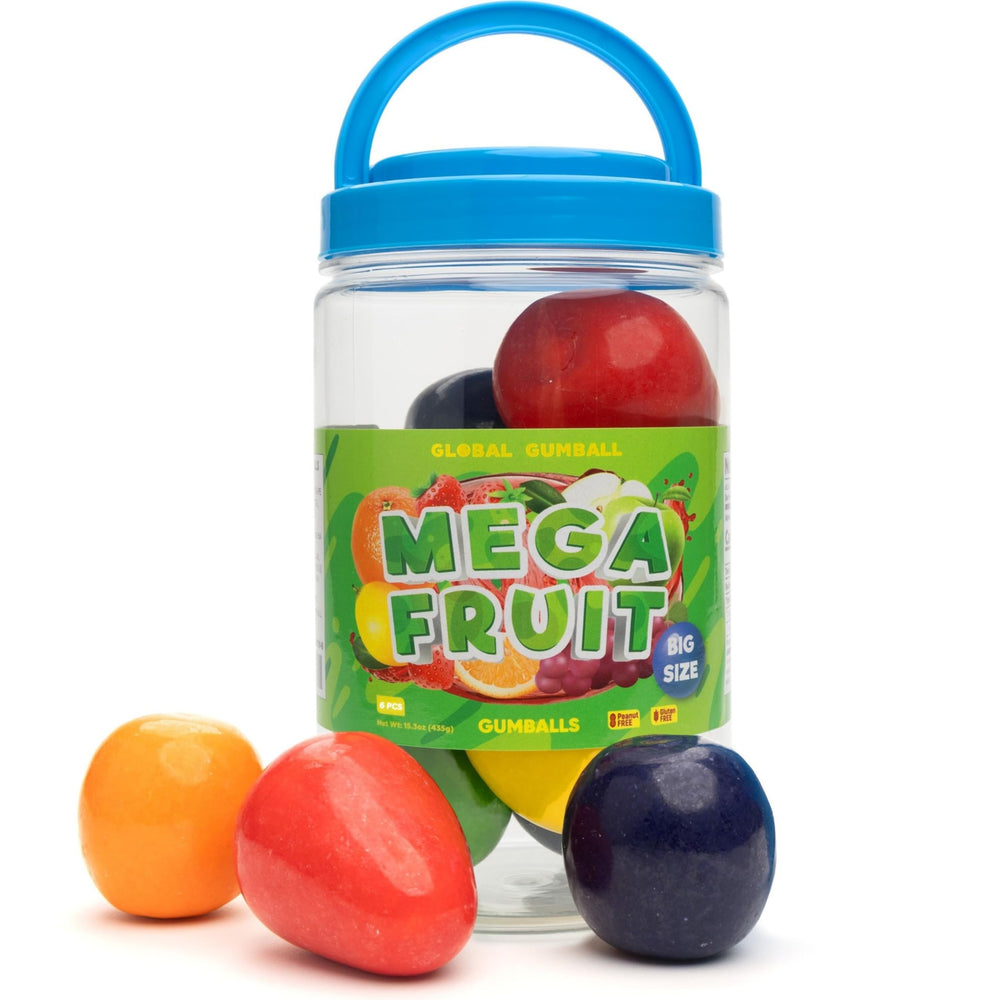 Global Gumball jar front view showing six colorful fruit-shaped gums and clear packaging for display