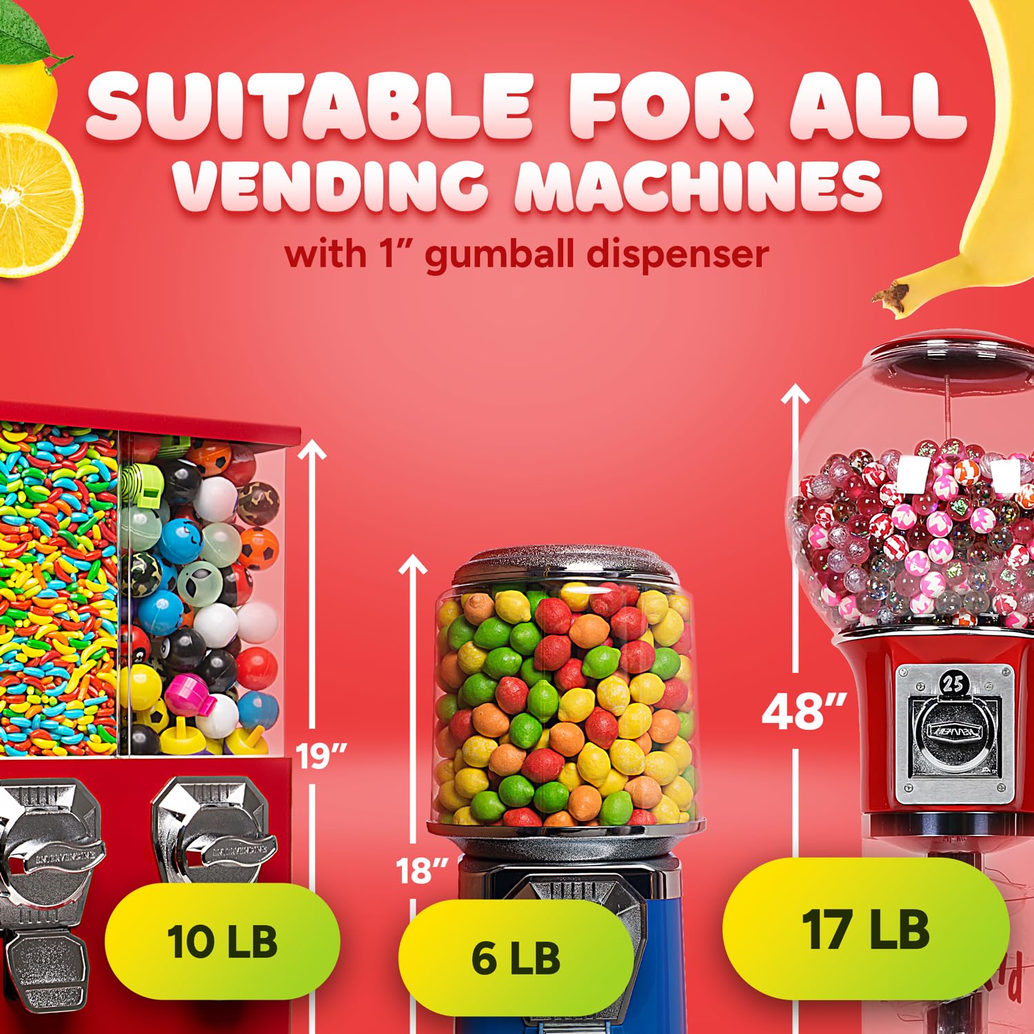 Global Gumball next to ruler showing 0.91 inch size for machine compatibility