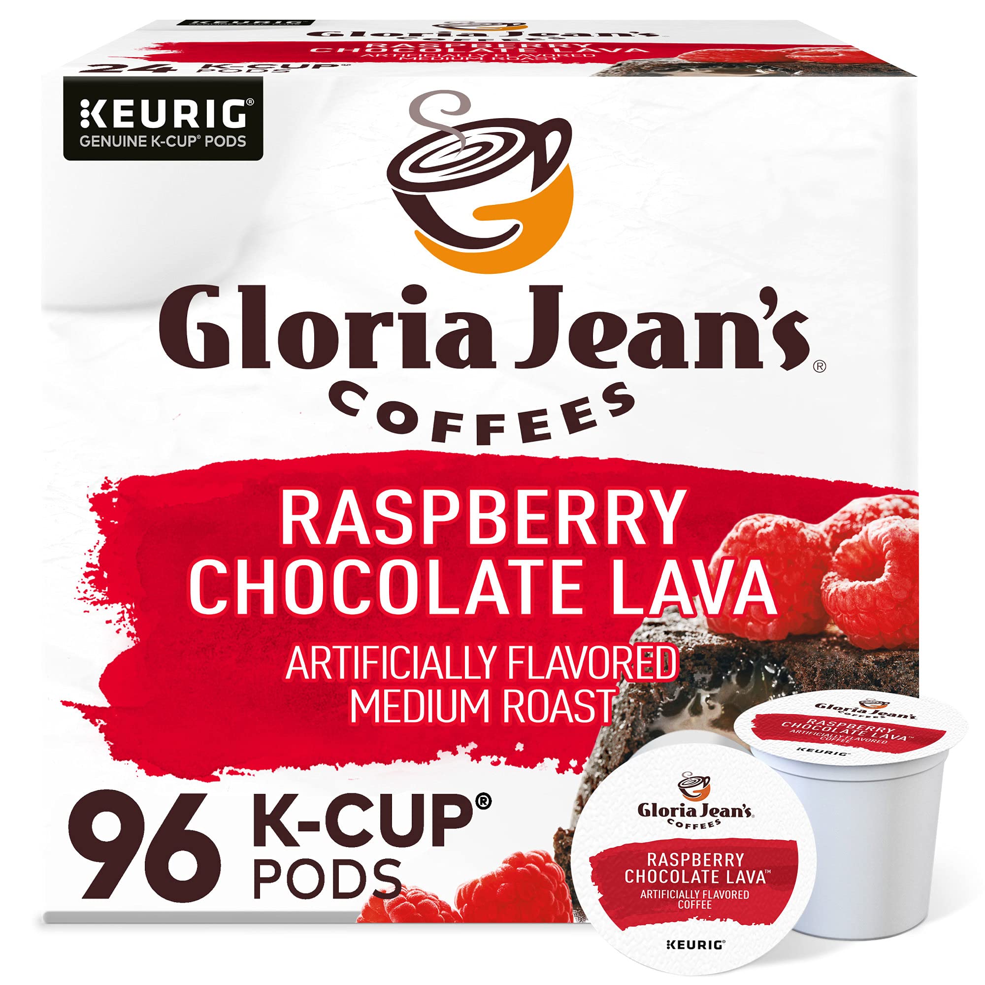 Gloria Jean's front box showing Raspberry Chocolate Lava pods and convenience