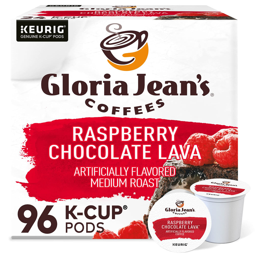 Gloria Jean's front box showing Raspberry Chocolate Lava pods and convenience