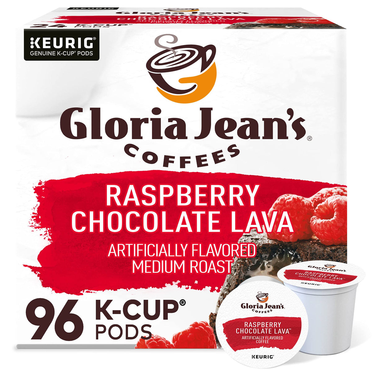 Gloria Jean's front box showing Raspberry Chocolate Lava pods and convenience