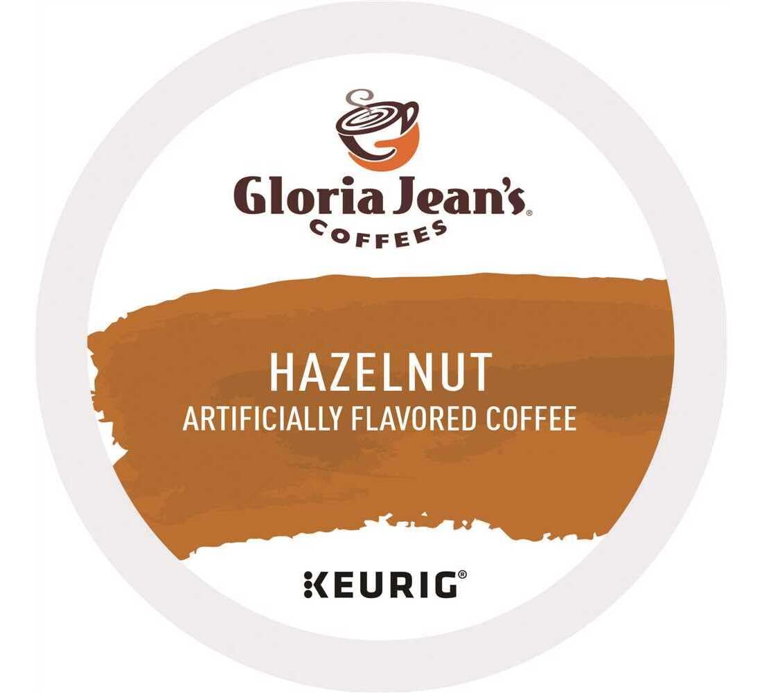 Gloria Jean's front packaging showing 24-count hazelnut K-Cups and convenience