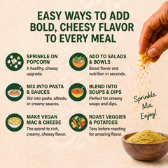 Gloriously Vegan flakes sprinkled on pasta to boost cheesy taste