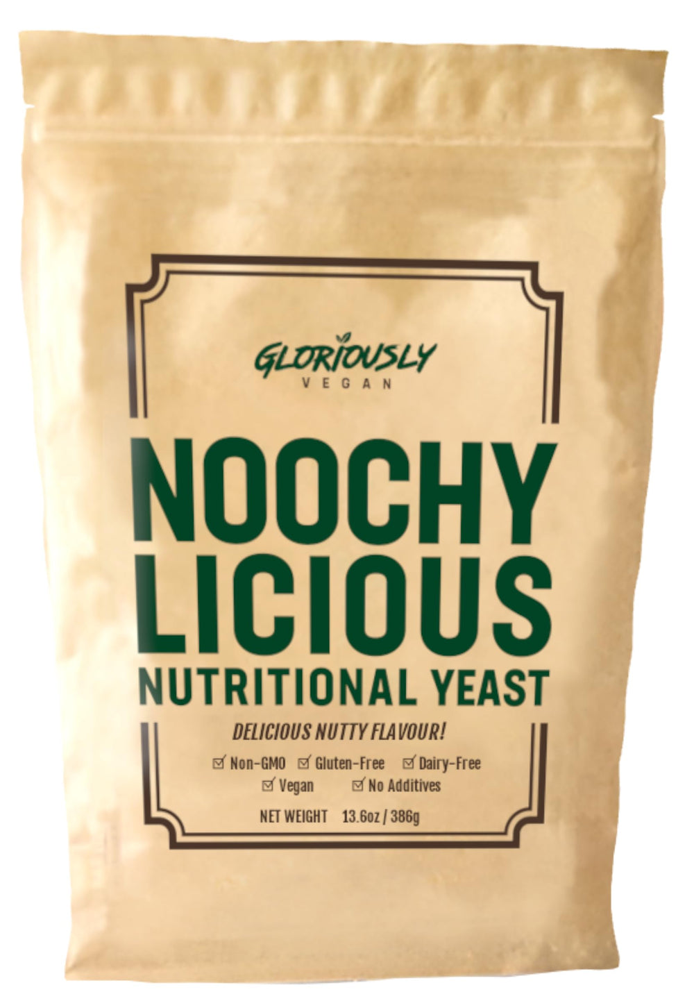Gloriously Vegan front package showing the Noochy Licious 13.6 oz benefit