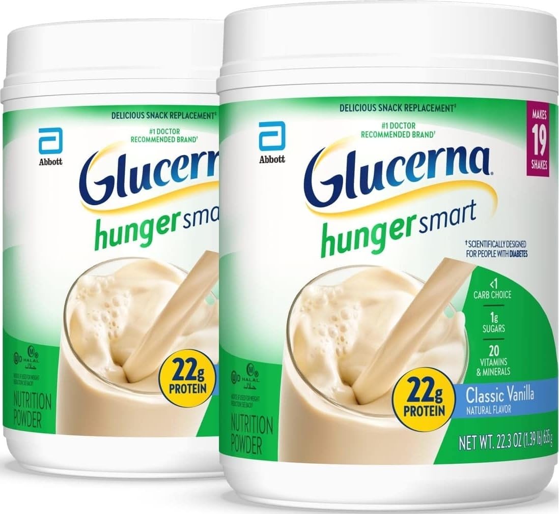 Glucerna front packaging showing vanilla tub and label benefits