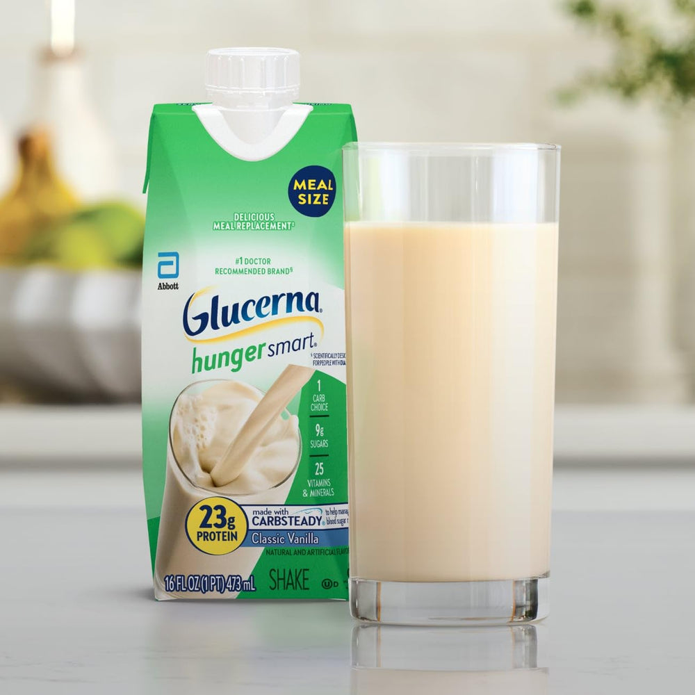 Glucerna vanilla shake beside fruit and notebook for on-the-go meal planning