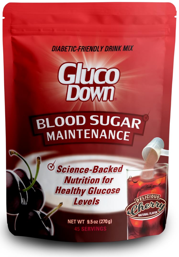 GLUCODOWN front packaging showing tub and 45 servings benefit convenience