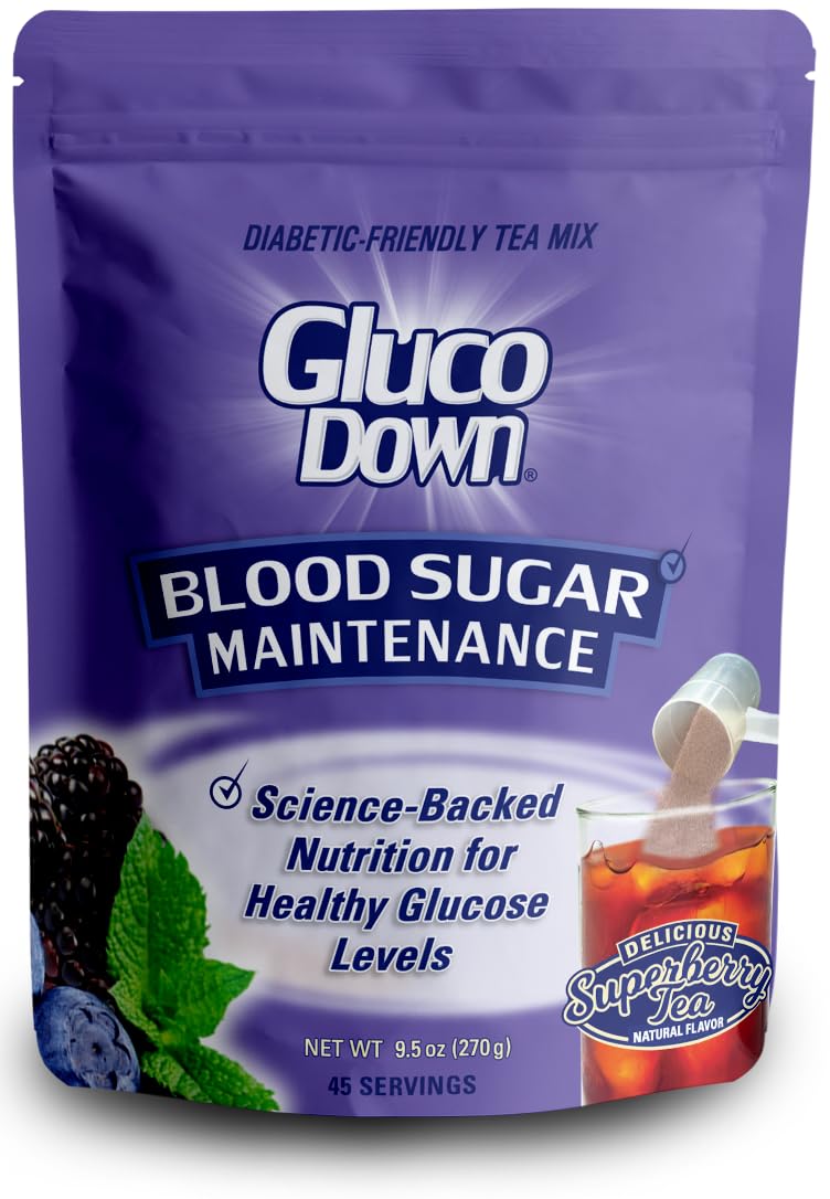 GLUCODOWN front packaging showing label and 45 servings benefit