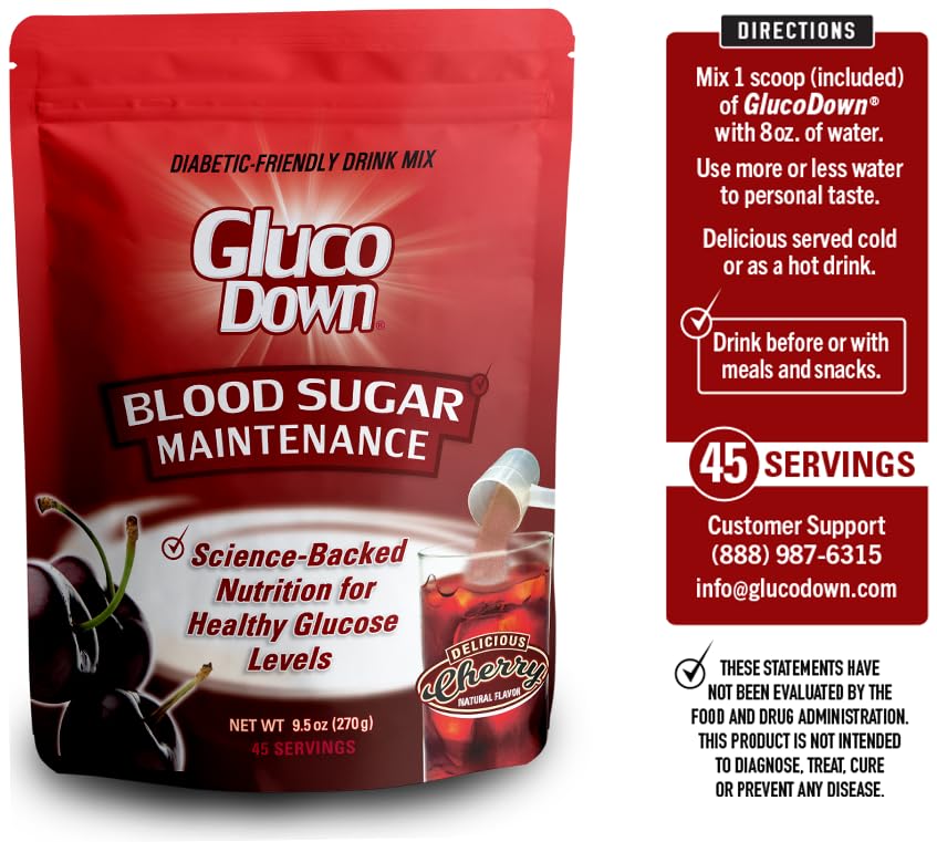 GLUCODOWN cherry drink served in glass demonstrating pleasant flavor and fiber boost