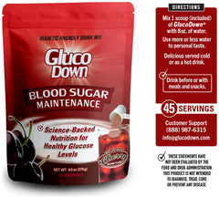 GLUCODOWN cherry drink served in glass demonstrating pleasant flavor and fiber boost