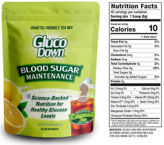GLUCODOWN scoop beside tub showing serving size and portioning