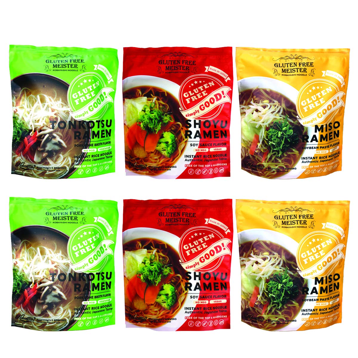 Gluten Free Meister front packaging showing variety 6pack and Japanese branding benefits convenience
