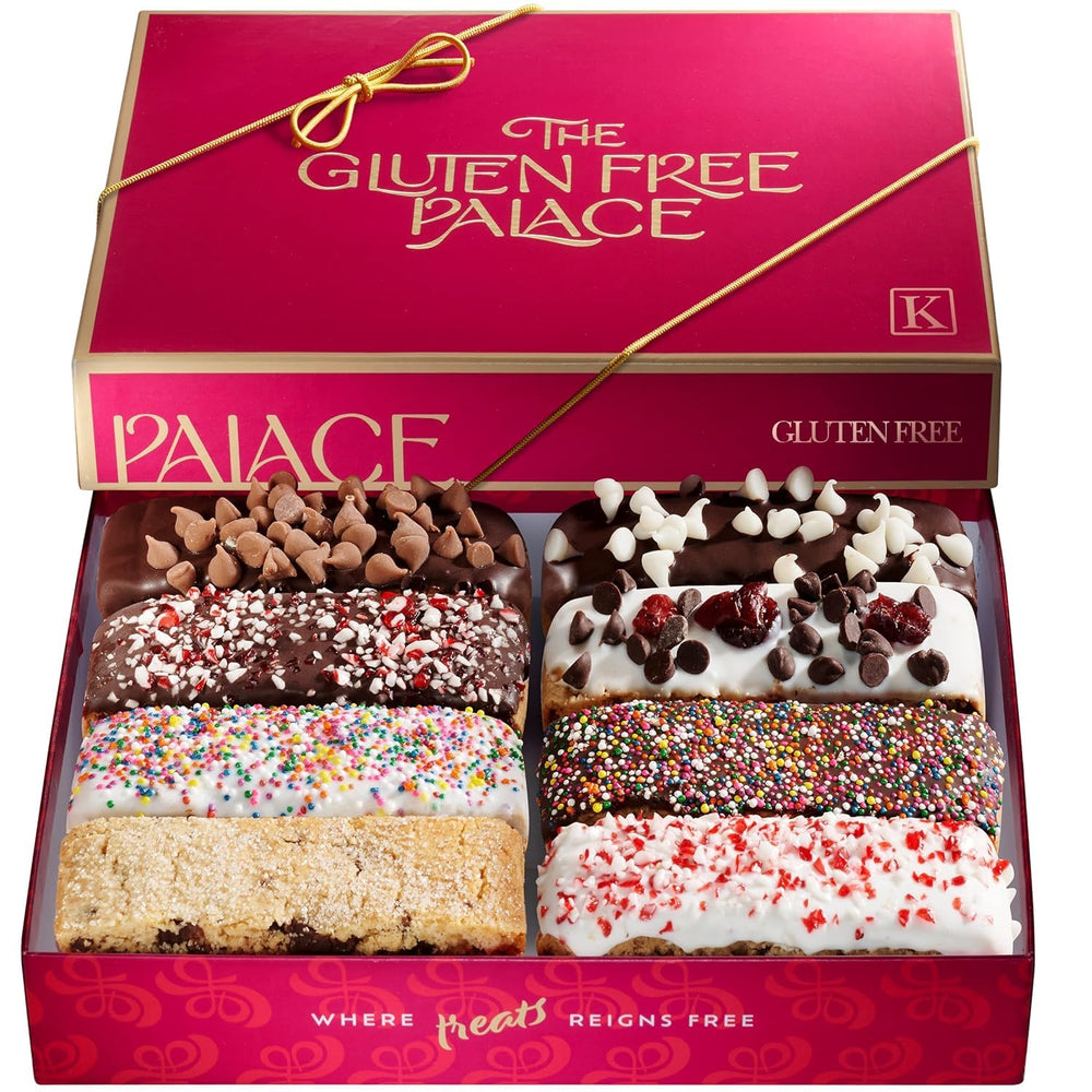 GLUTEN FREE PALACE gift box front view showing eight-flavor assortment and presentable design