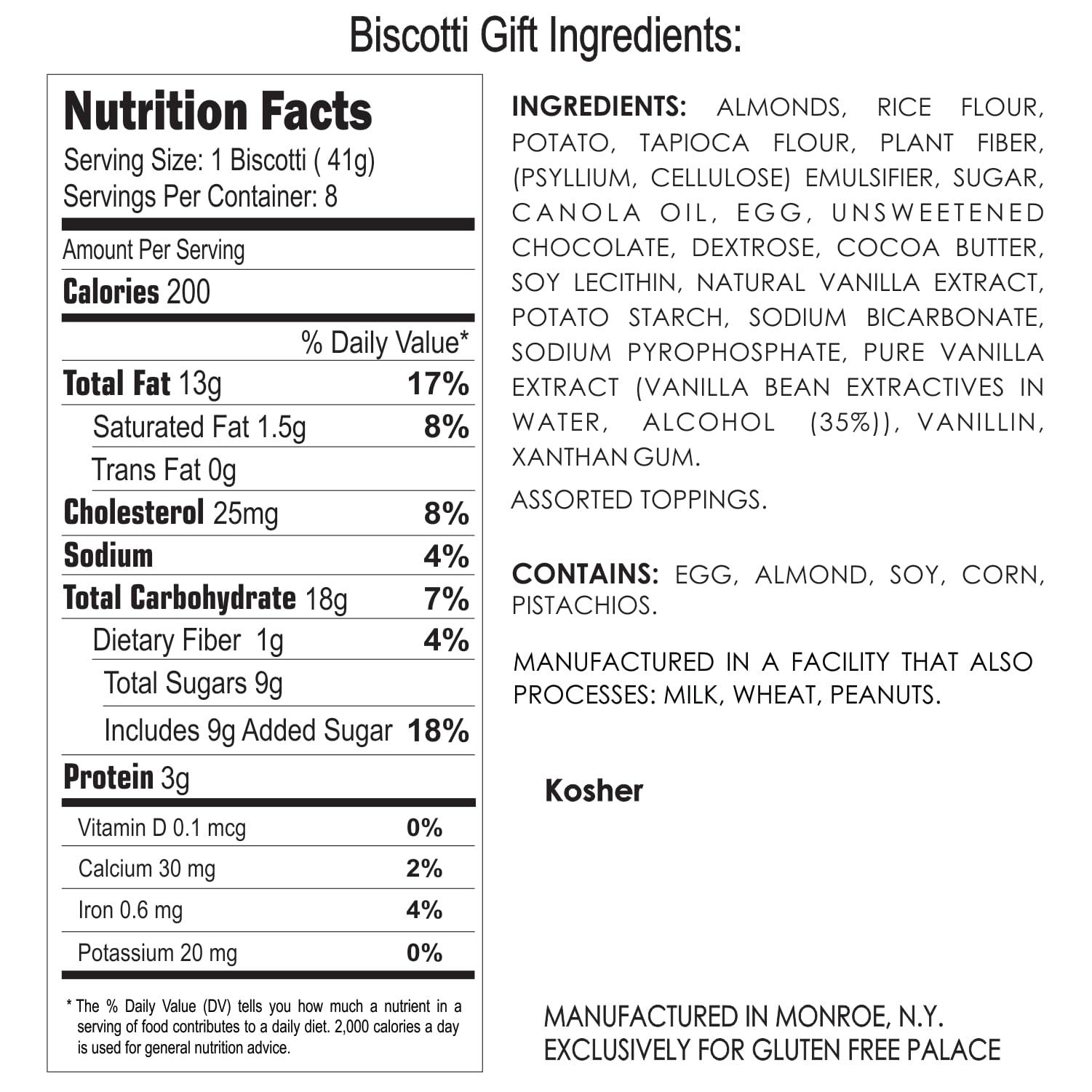 GLUTEN FREE PALACE top-down view of eight flavored biscotti showing distinct toppings
