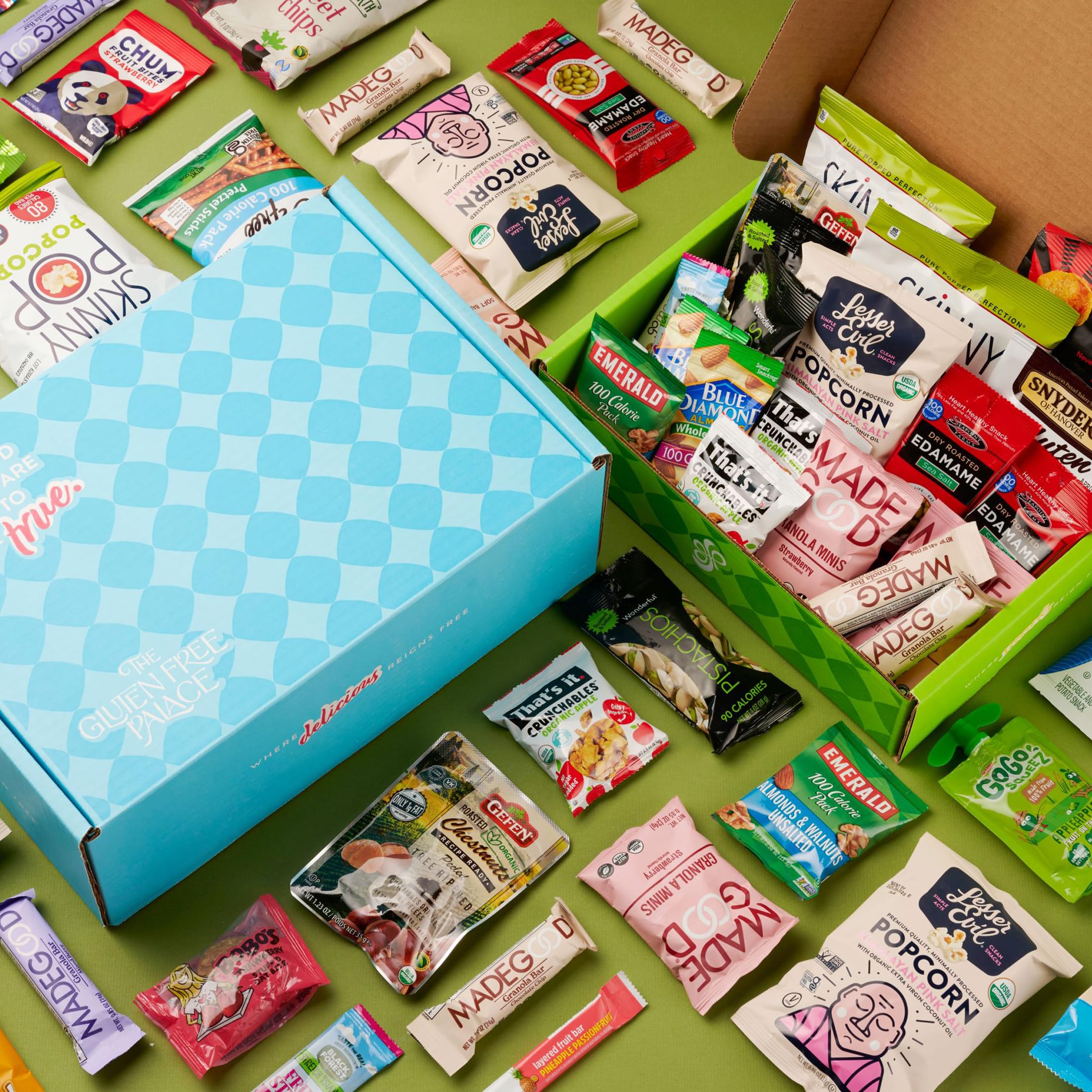 Gluten Free Palace open box top view displaying variety of individually wrapped snacks