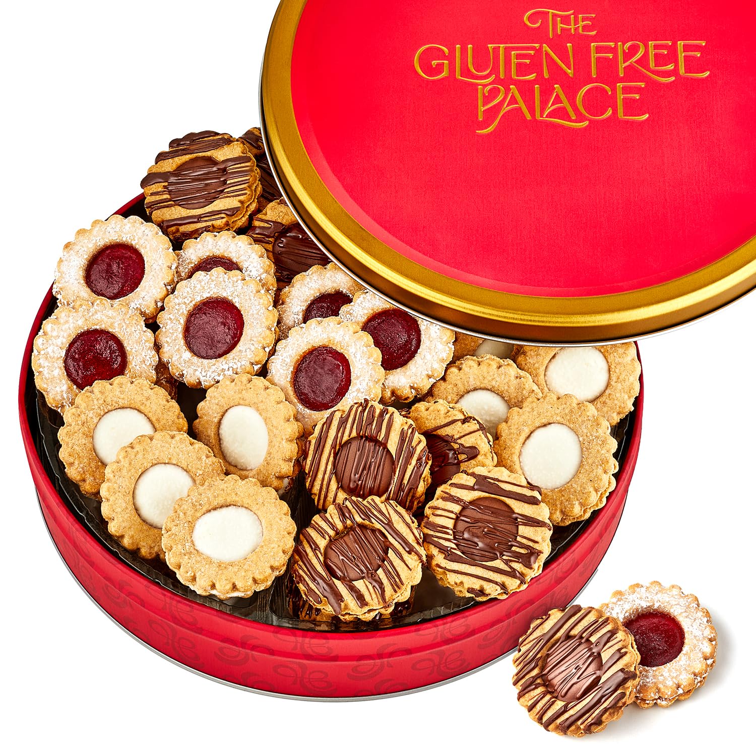 Gluten Free Palace festive tin front view showing gift-ready packaging and long-lasting freshness