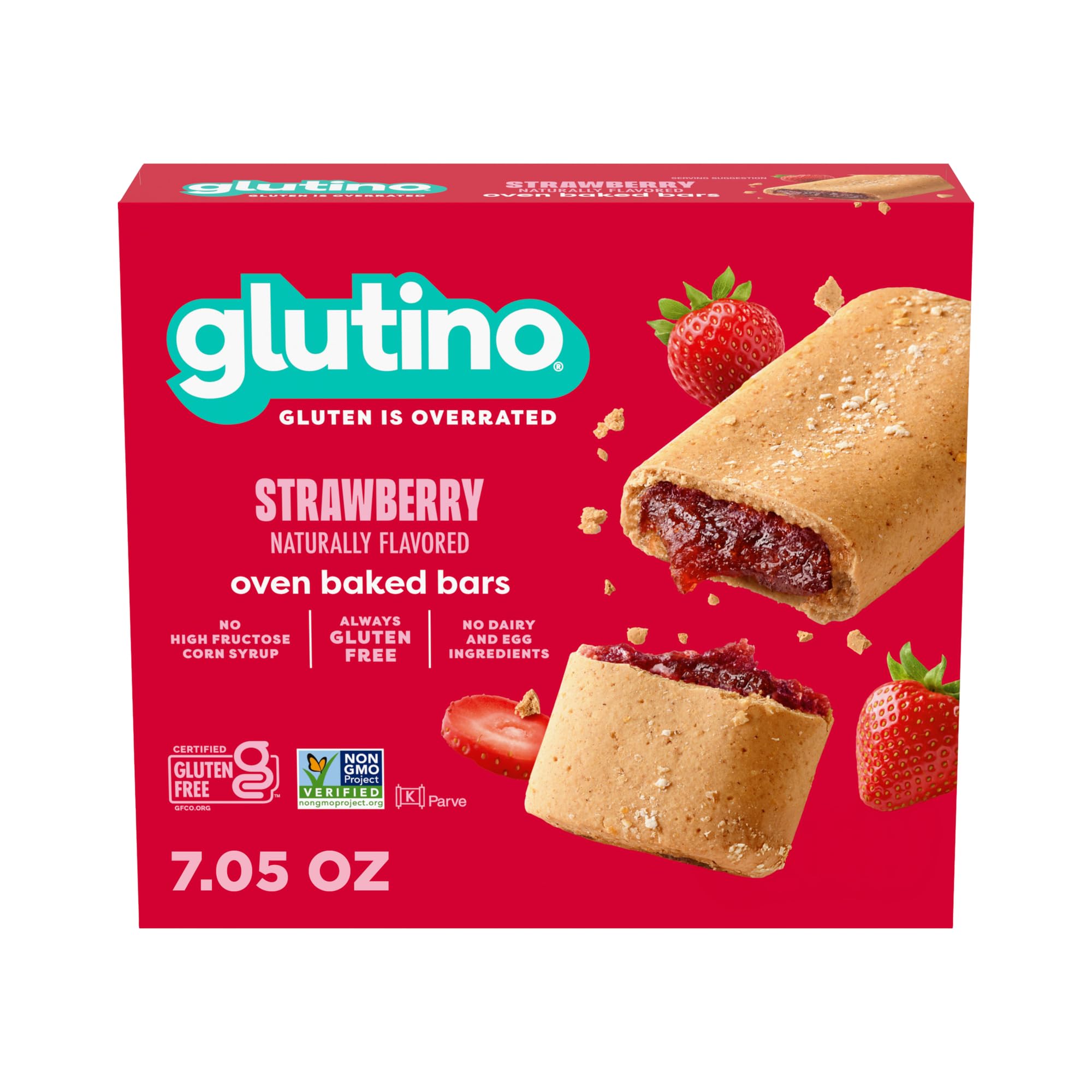 Glutino front packaging showing strawberry bars and convenience