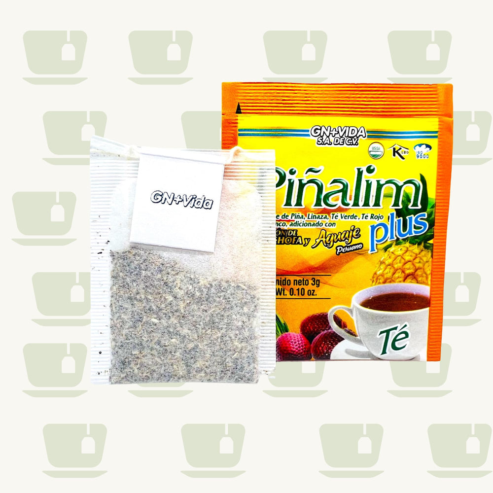 GN+Vida tea next to measuring spoon showing single-bag serving size for two months