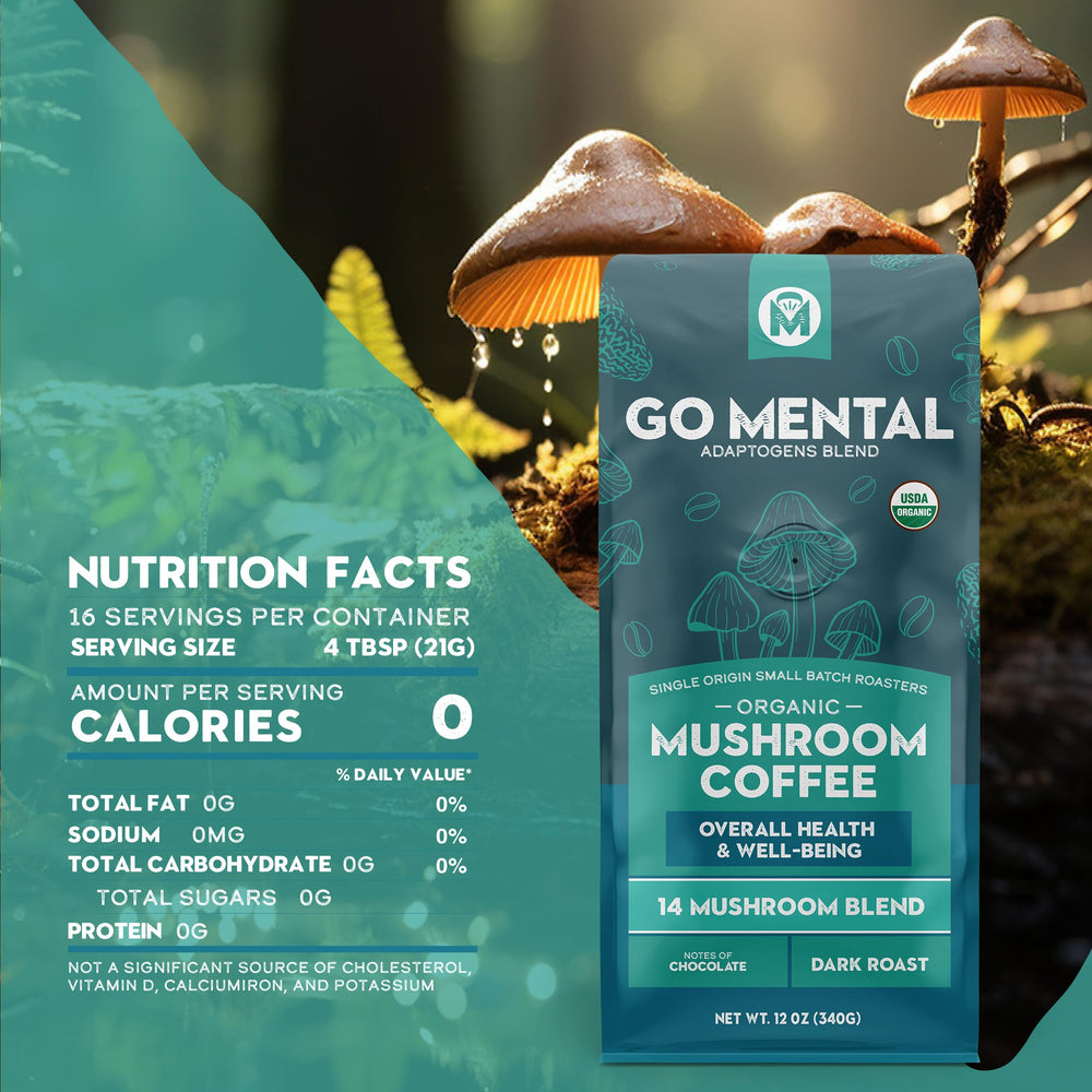 GO MENTAL coffee beans with mushroom extracts illustrating ingredient sourcing