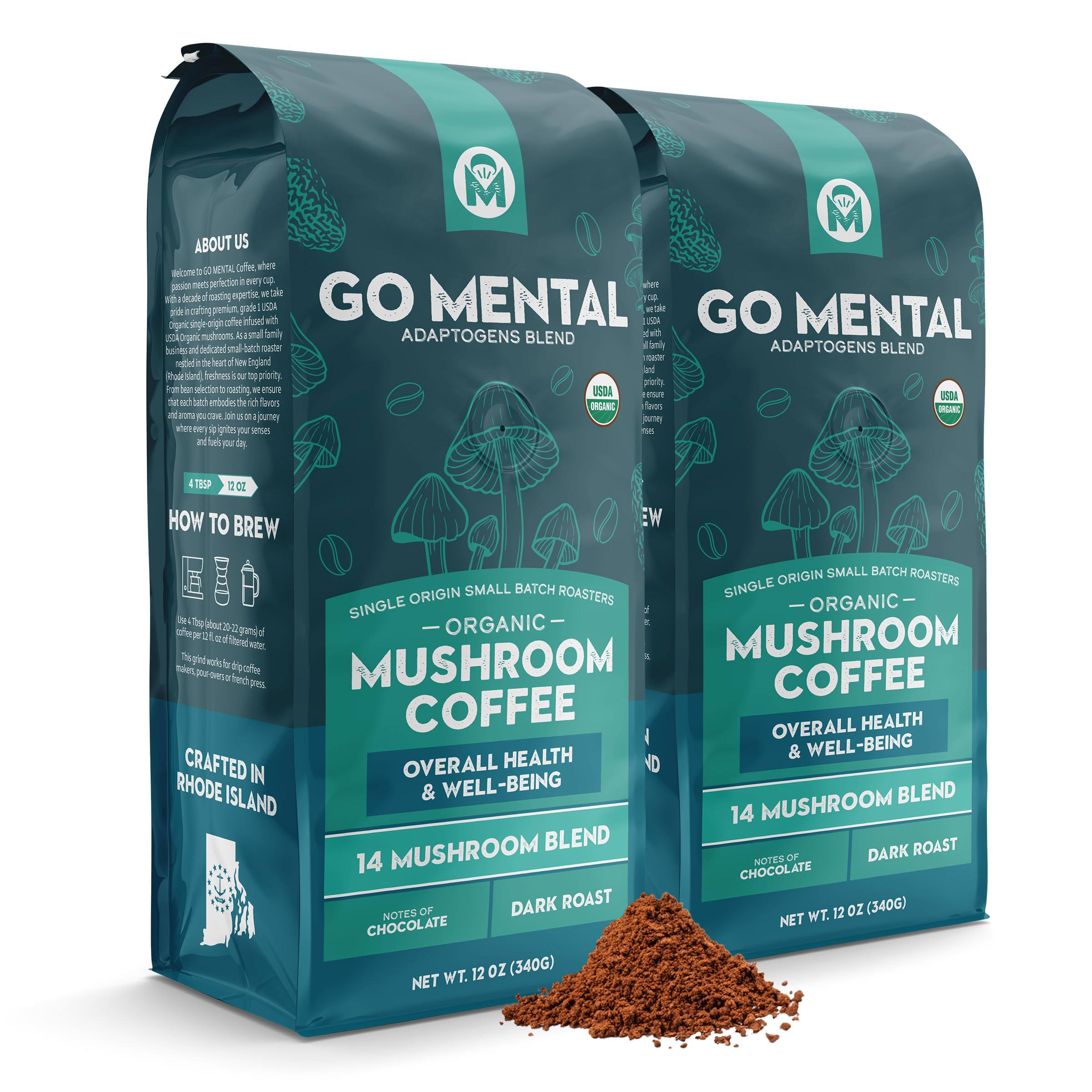GO MENTAL front bag view showing organic 14-mushroom coffee, clear branding and benefits