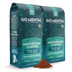 GO MENTAL front bag view showing organic 14-mushroom coffee, clear branding and benefits