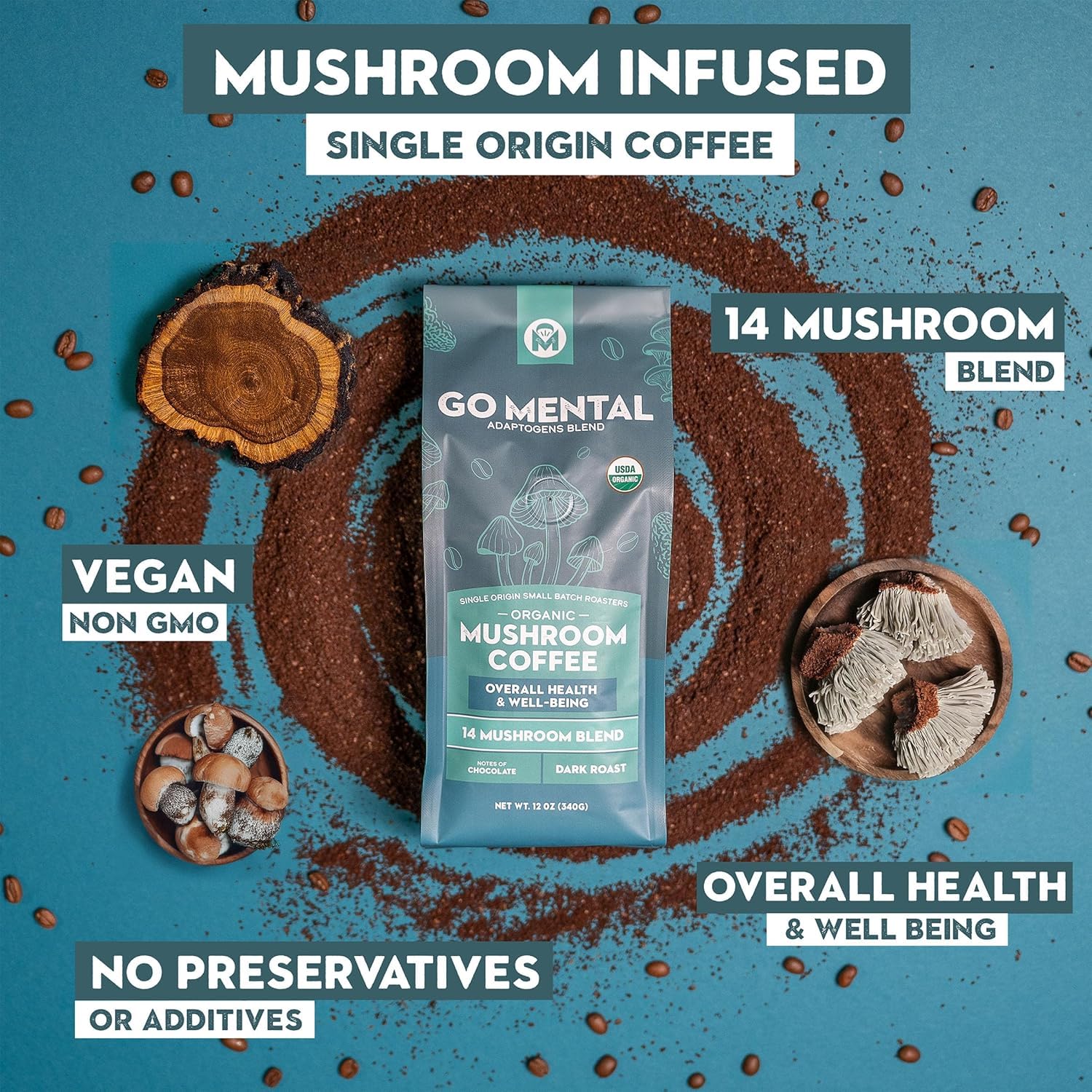 GO MENTAL powdered mushroom blend beside grounds highlighting concentrated ingredients