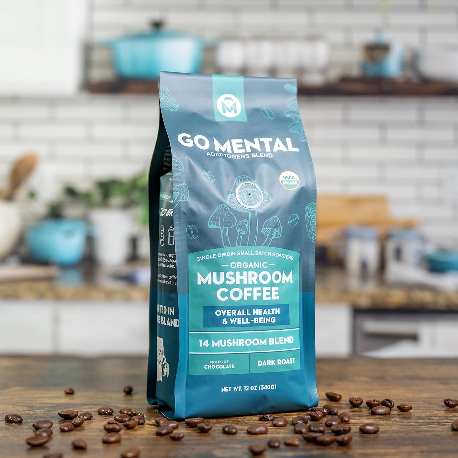 GO MENTAL spoon with measured scoop showing 500mg mushroom blend per serving