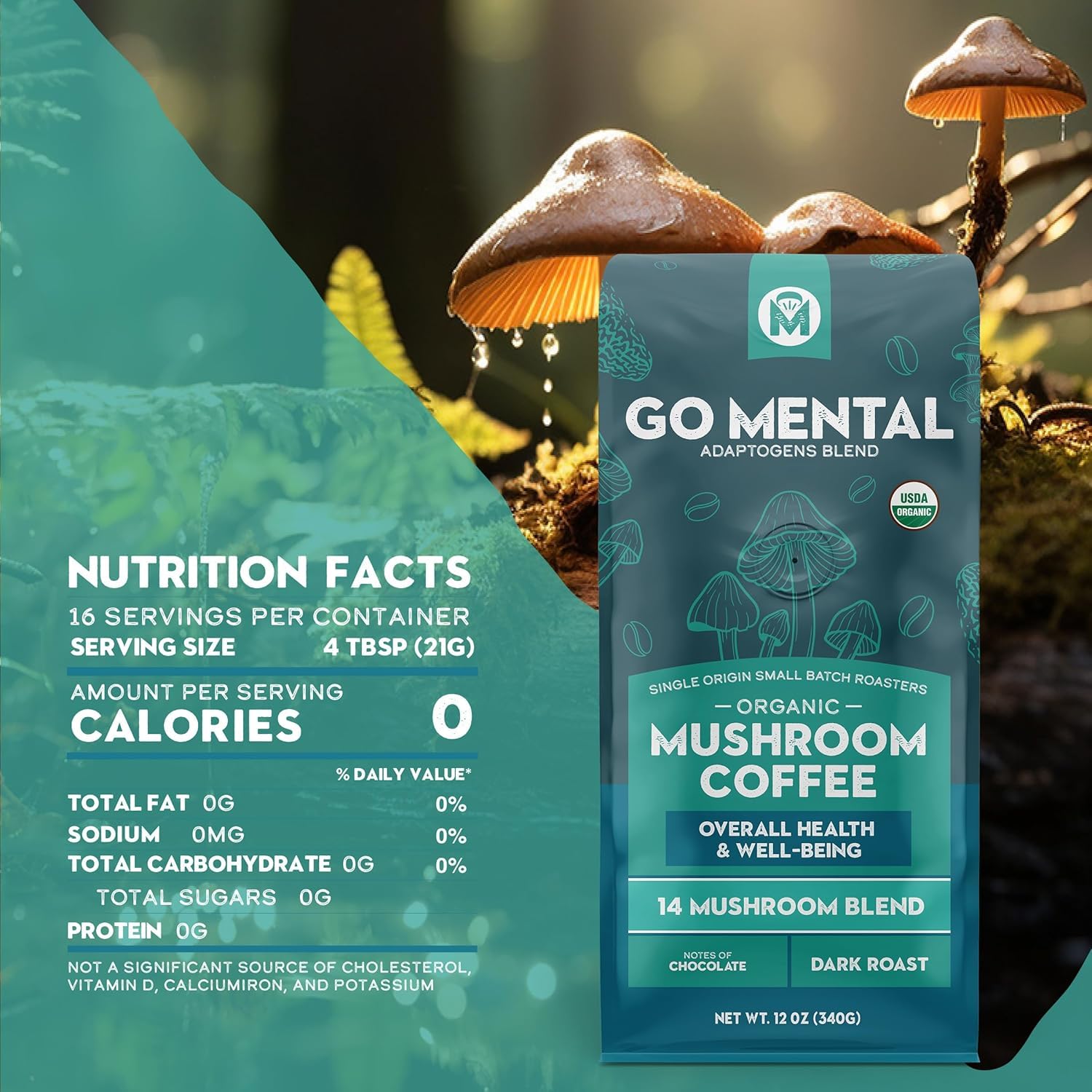 GO MENTAL bag next to ruler for scale to show 12 oz size and serving quantity