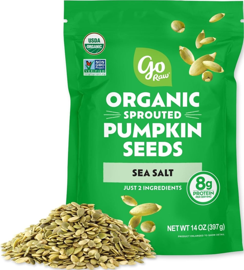 go Raw front packaging showing sea salted pepitas and organic badge, convenience