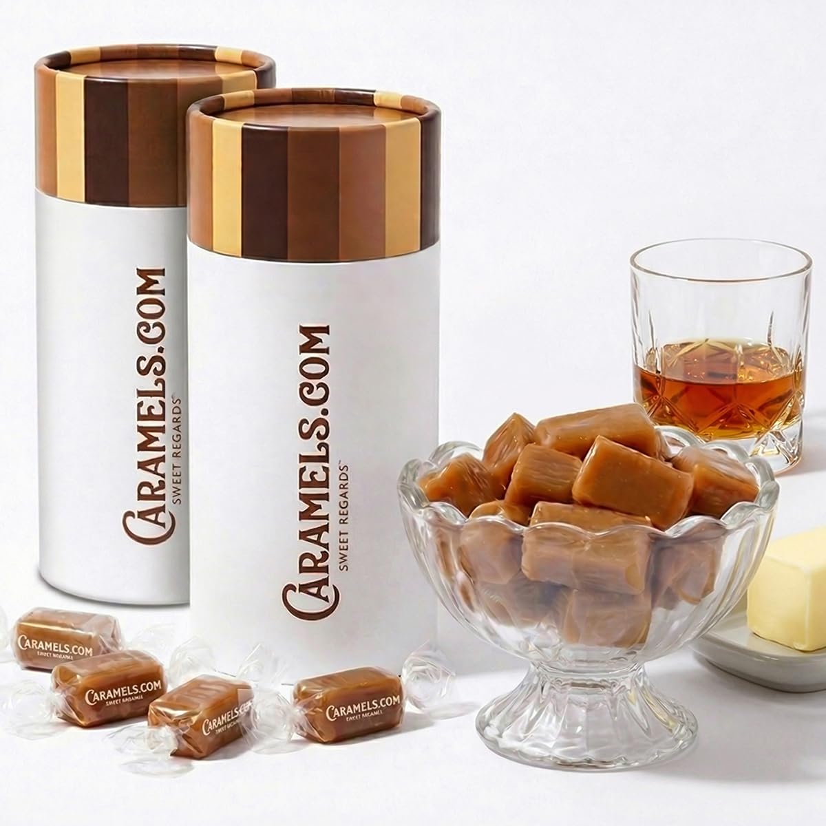 Goat Foods front packaging showing two colorful caramel tins and brand appeal