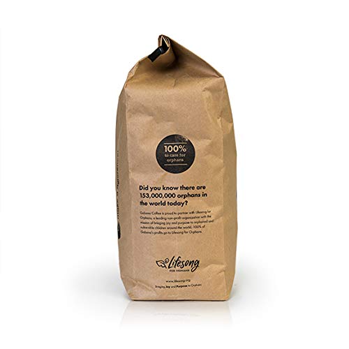 Gobena five-pound bag next to coffee cup for scale and bulk convenience