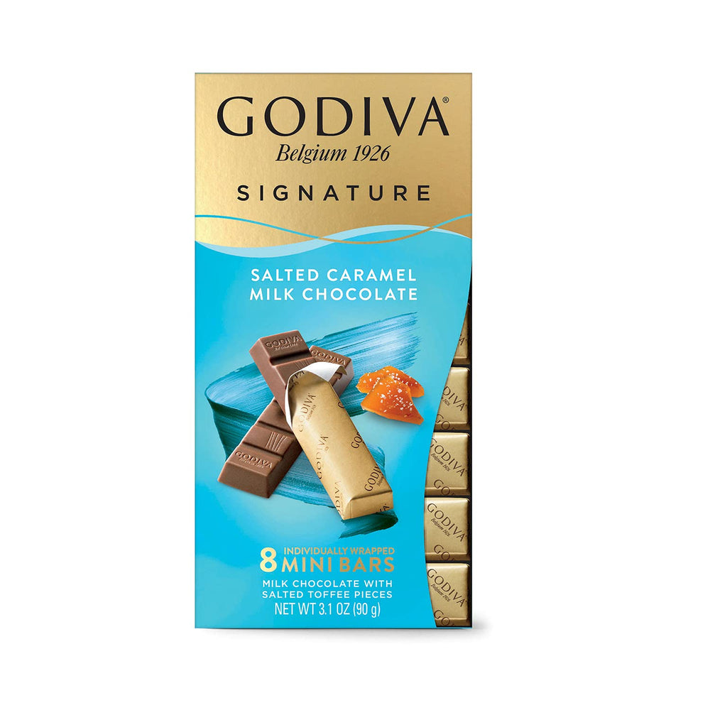 Godiva bar broken to reveal caramel center, highlighting texture and flavor