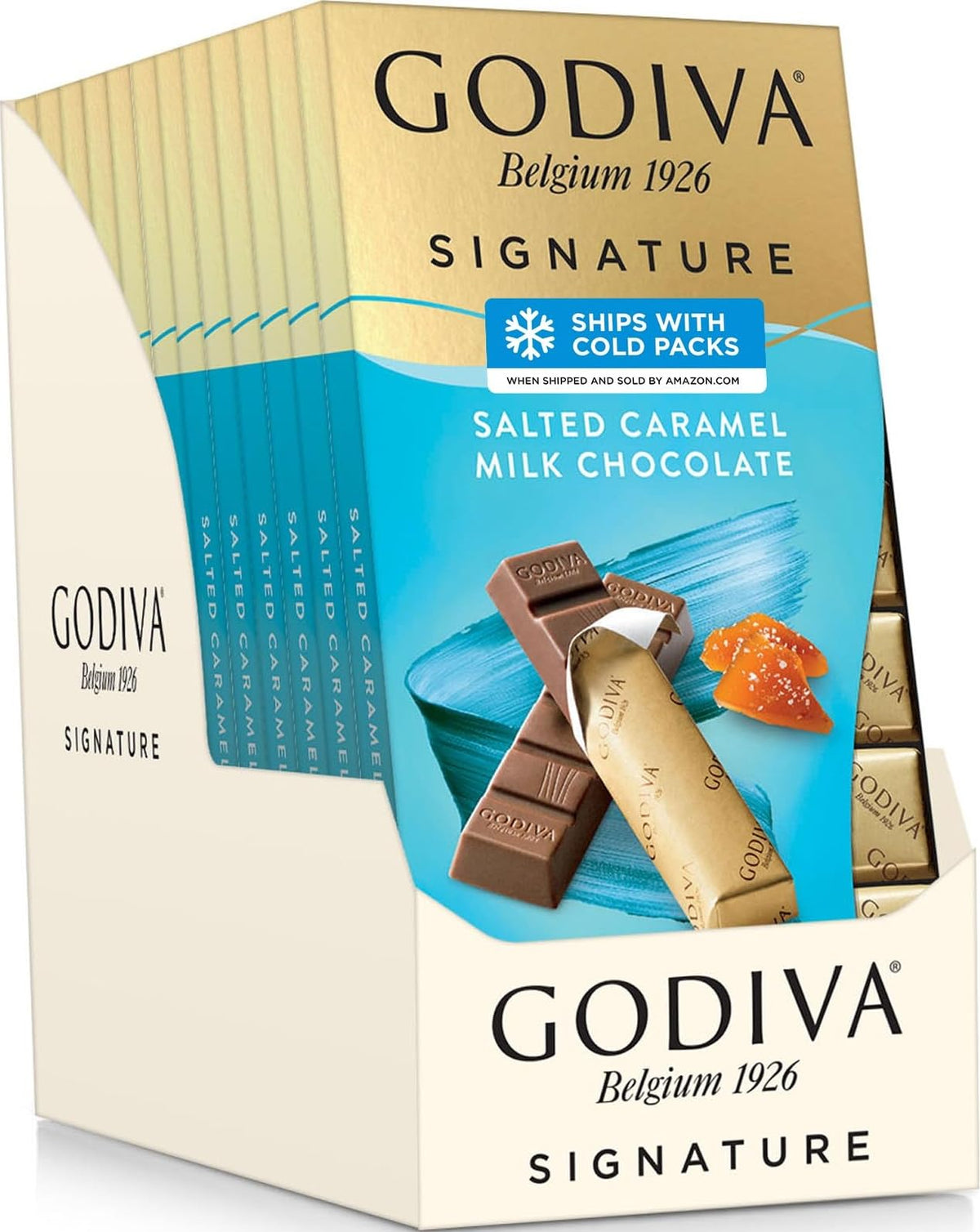 Godiva front packaging showing salted caramel mini bars and quality branding