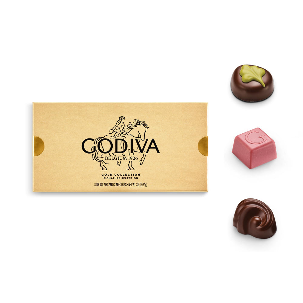 Godiva open assortment of eight chocolates revealing variety and luxury