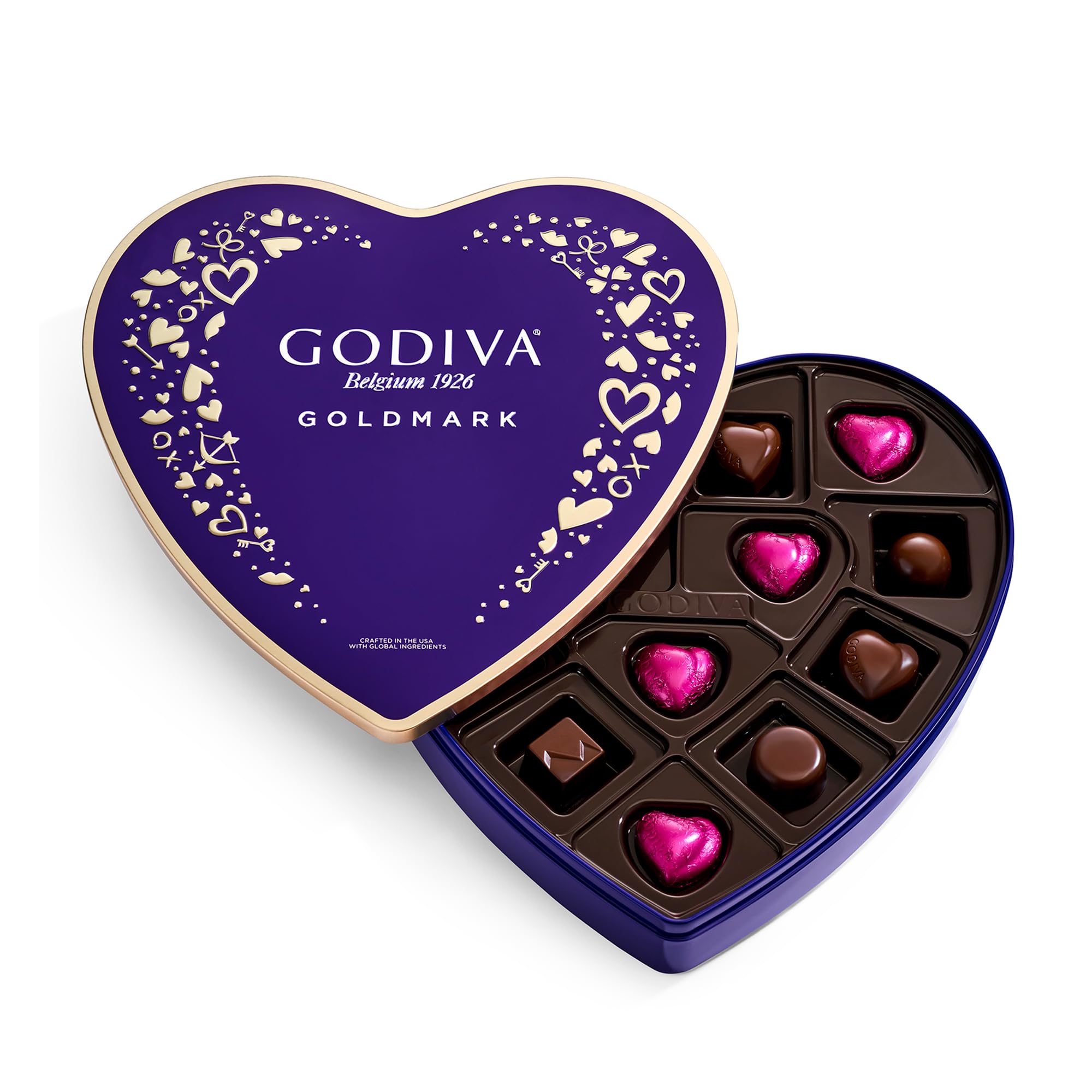 Godiva heart tin front view showing elegant packaging and gifting appeal