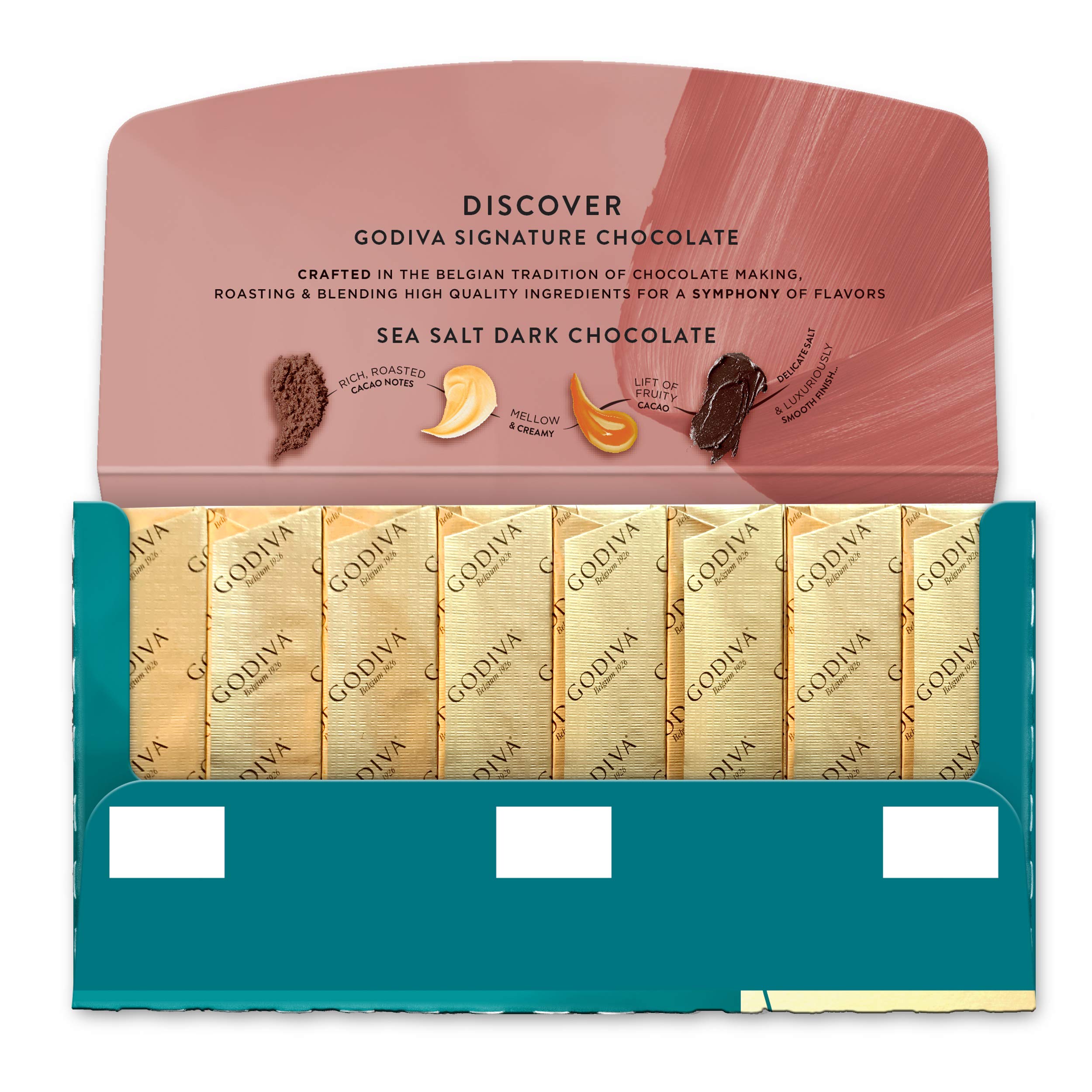 Godiva individually wrapped bar on table demonstrating convenience and freshness on the go