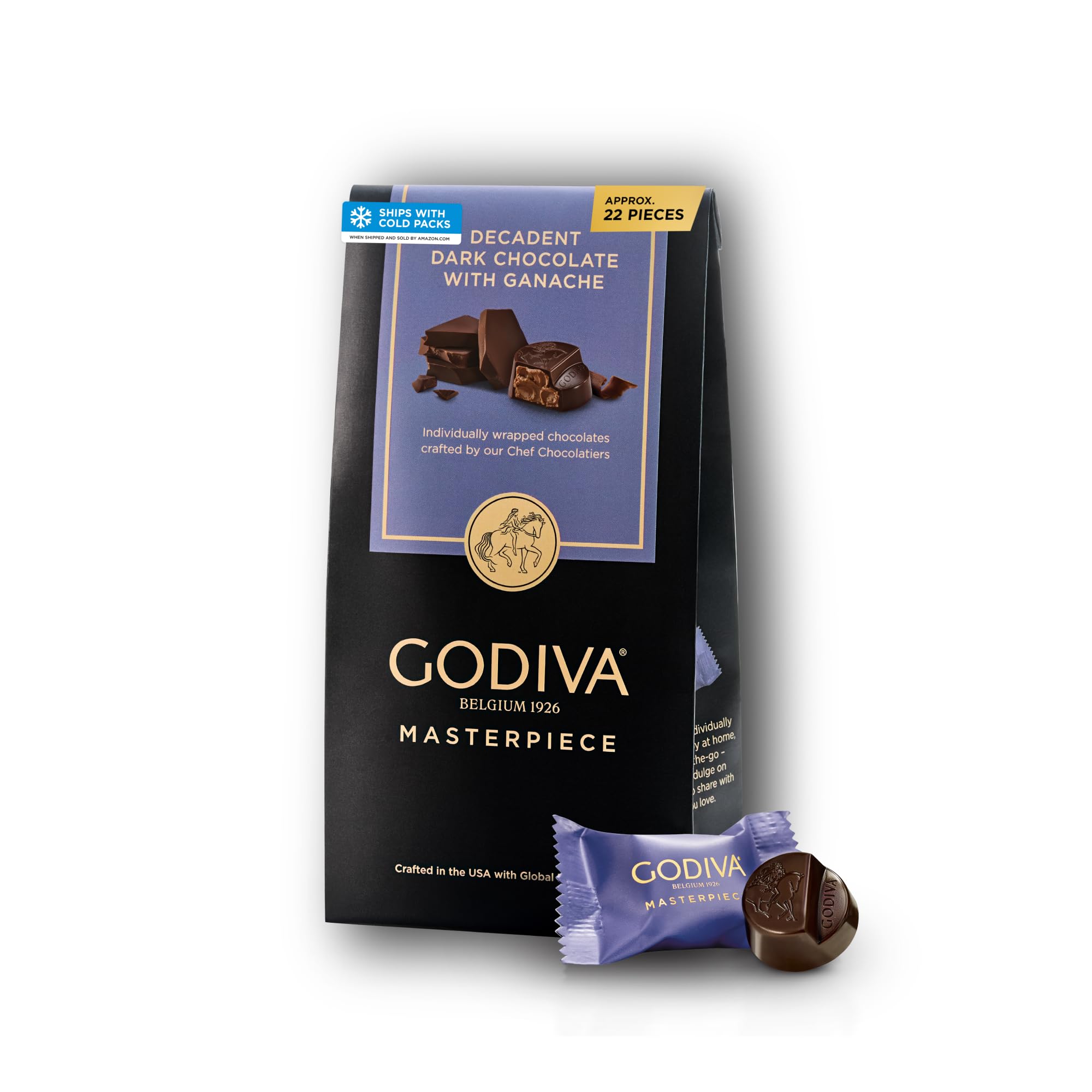 Godiva Masterpiece bag front view showing elegant black purple design and gifting appeal