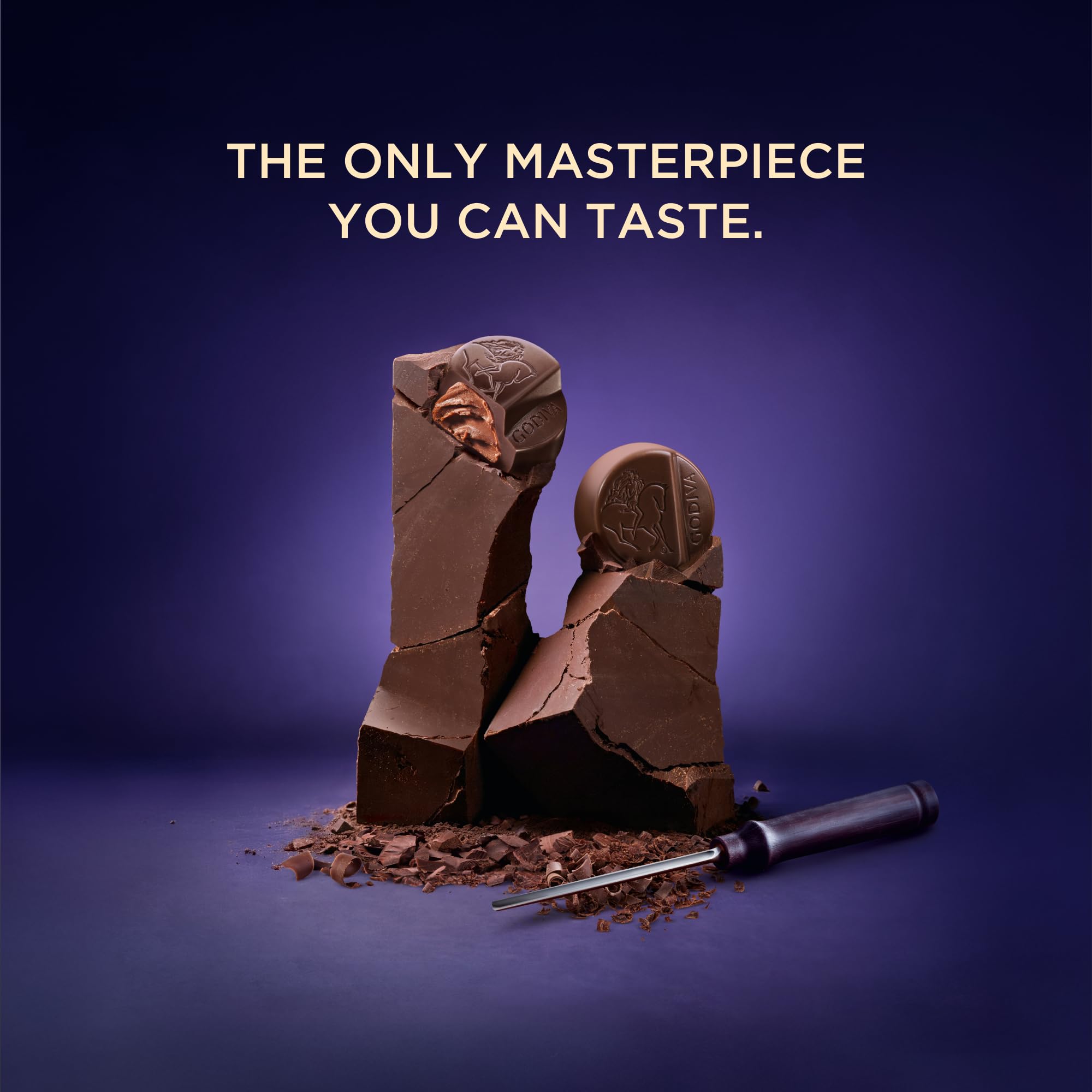 Cross-section of Godiva Masterpiece showing silky ganache center and satisfying texture