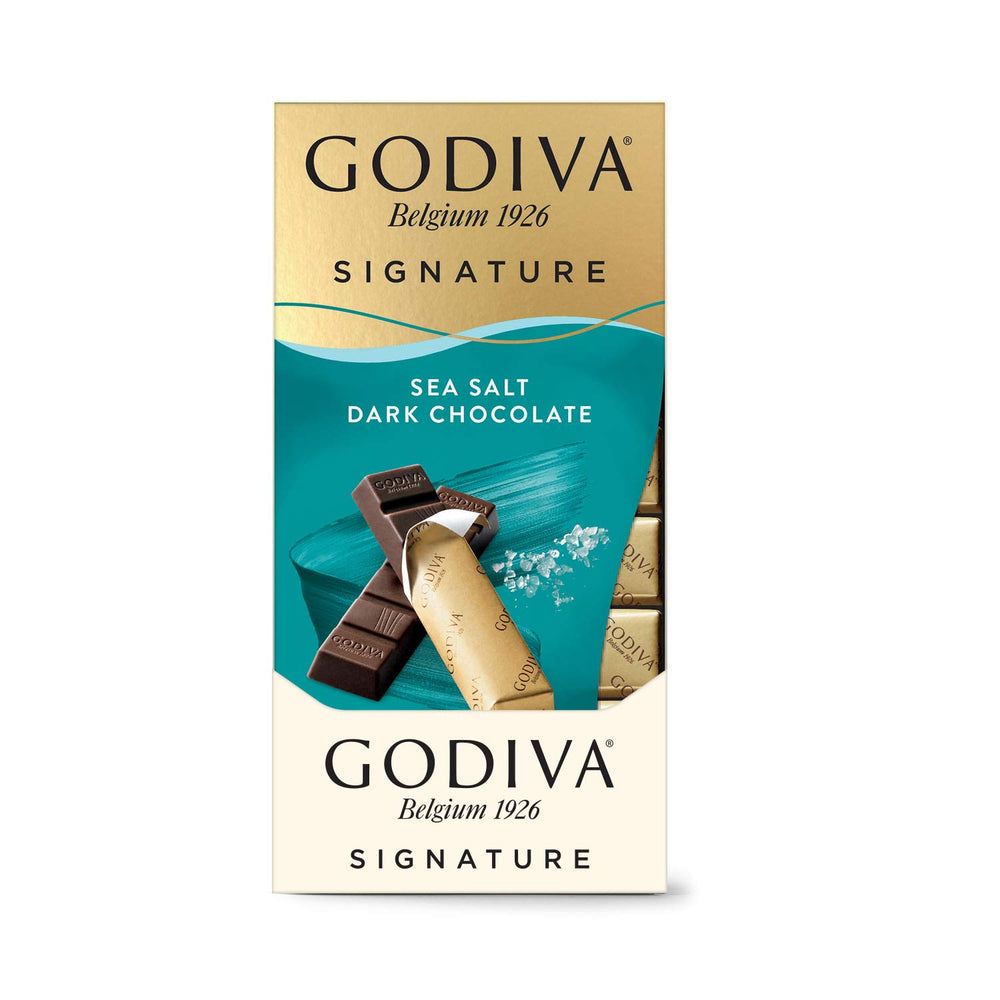 Godiva mini bar front view revealing smooth dark chocolate and salt crystals for rich flavor
