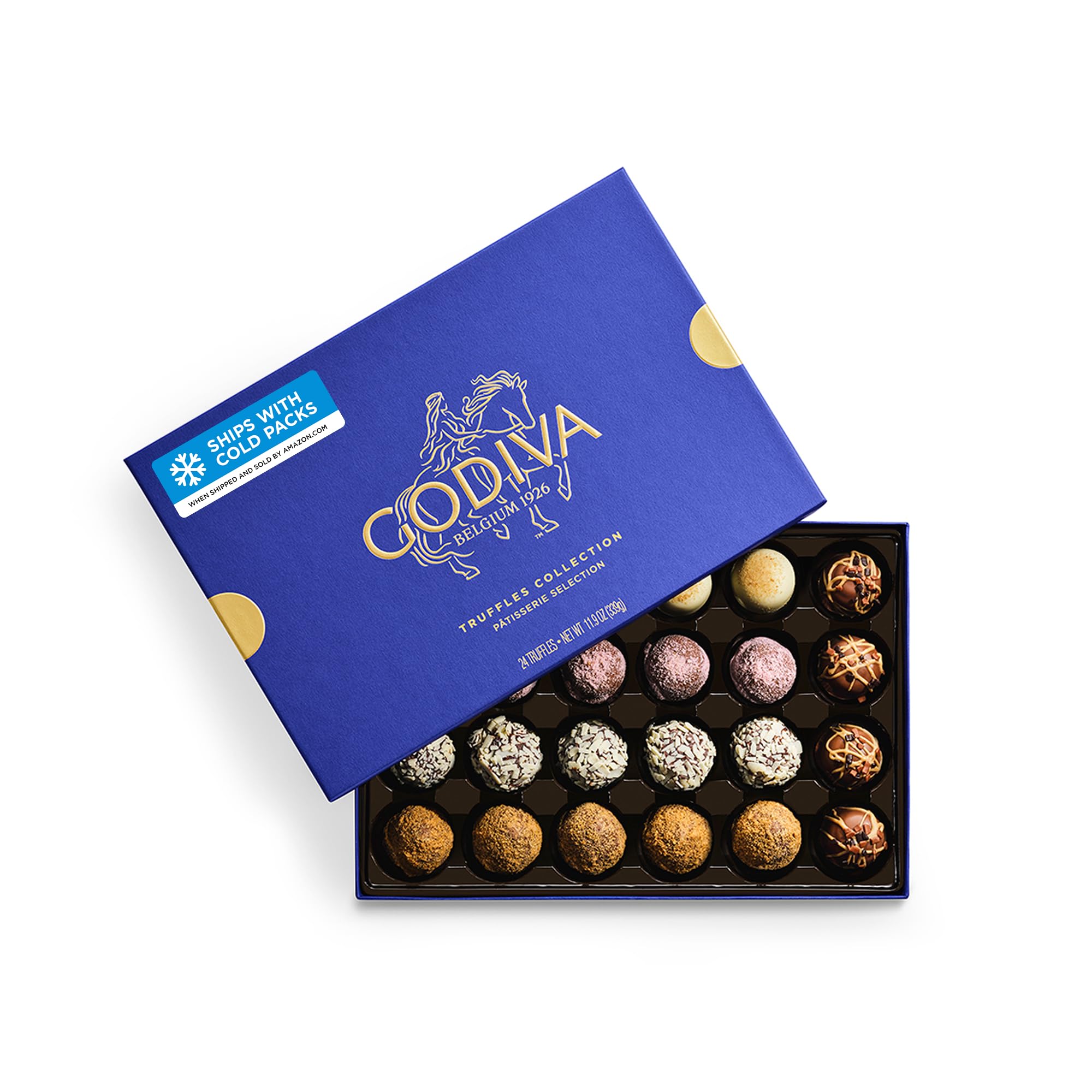 Godiva front box showing elegant gold-accented packaging for a luxury gift