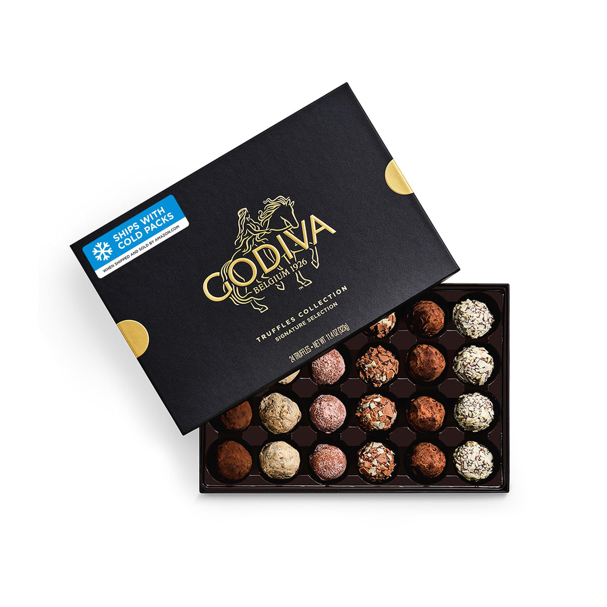 Godiva truffles box front showing elegant gold-accented gift design and impact