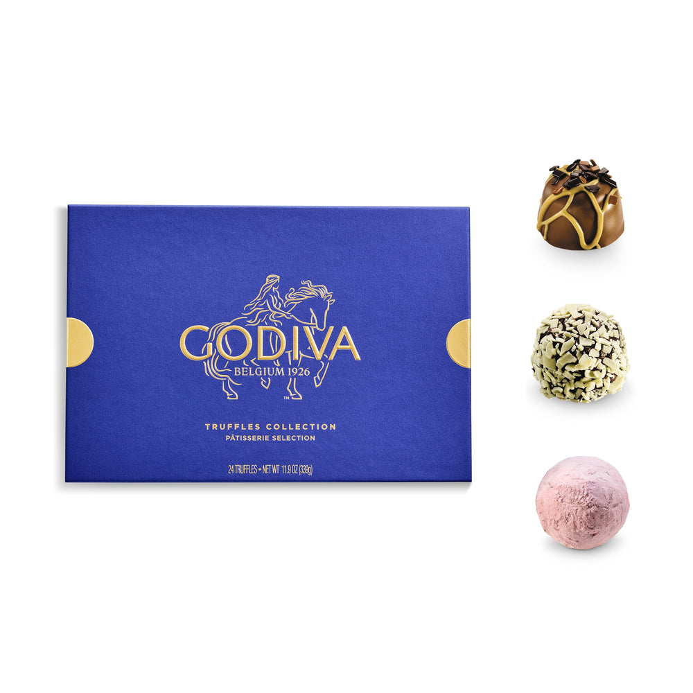 Godiva close-up truffle texture highlighting smooth ganache and glossy coating