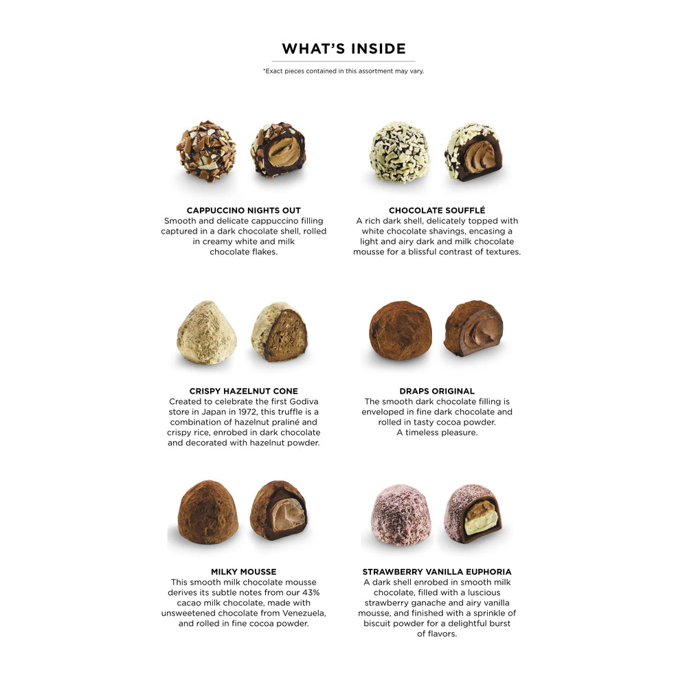 Godiva open display of 24 truffles showing variety and premium presentation