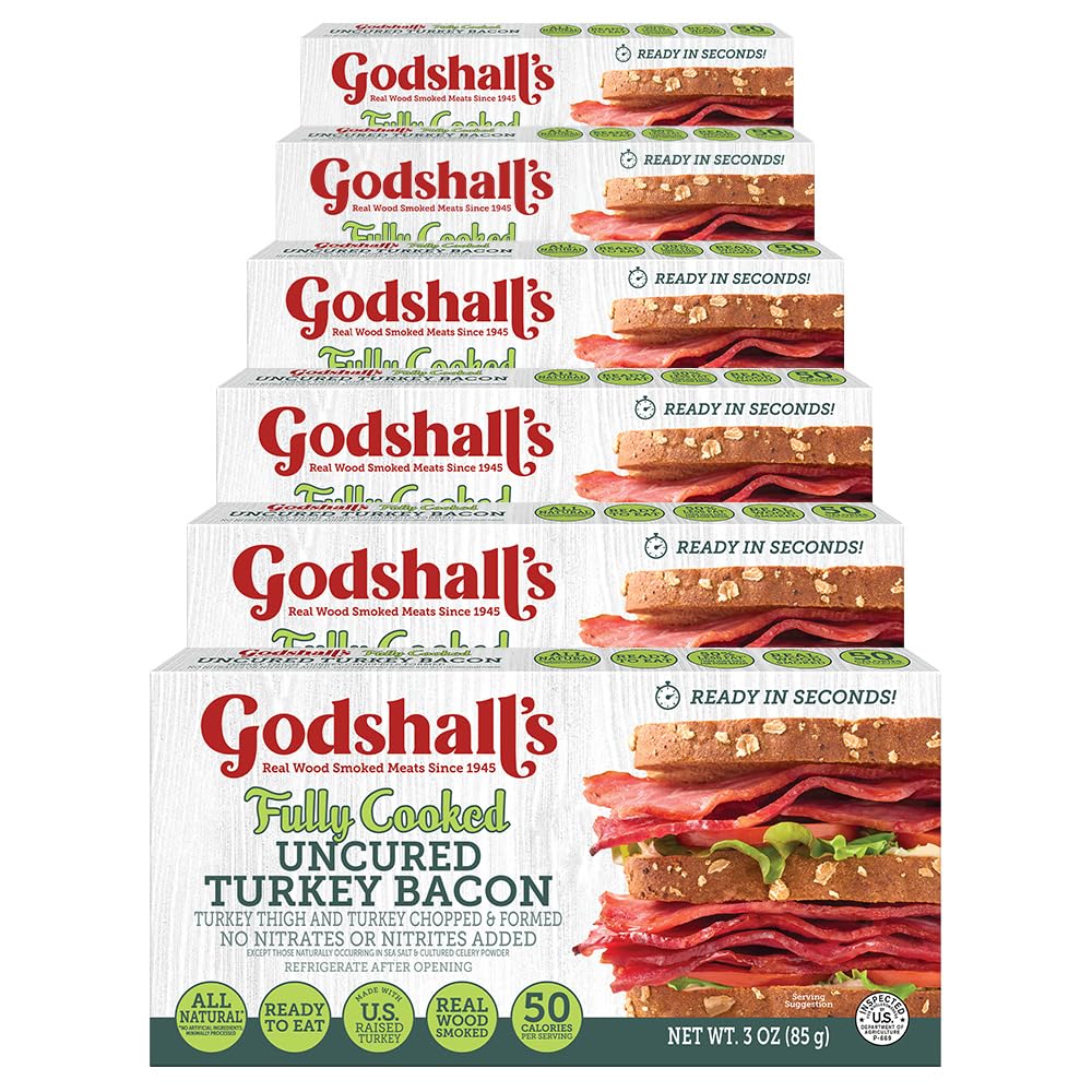 Godshall's front packaging showing six 3oz fully cooked turkey bacon packs, clear labeling and convenience